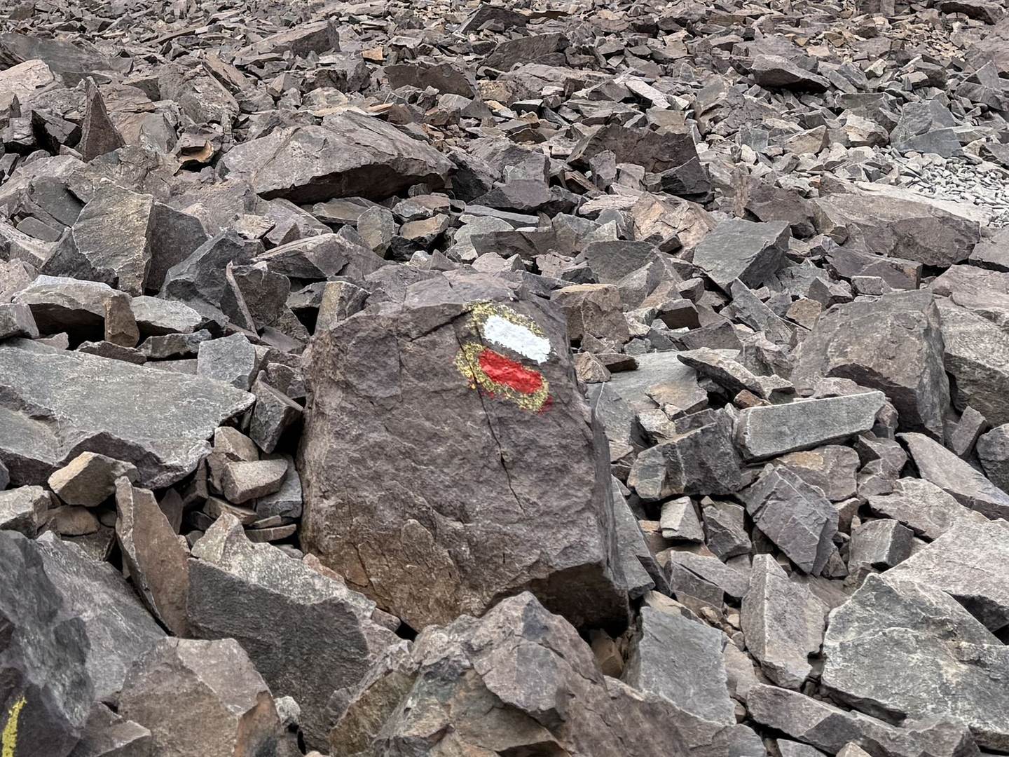 Gros plan sur deux traits de peinture, un blanc et un rouge, sur un bloc de pierre au milieu d'un pierrier