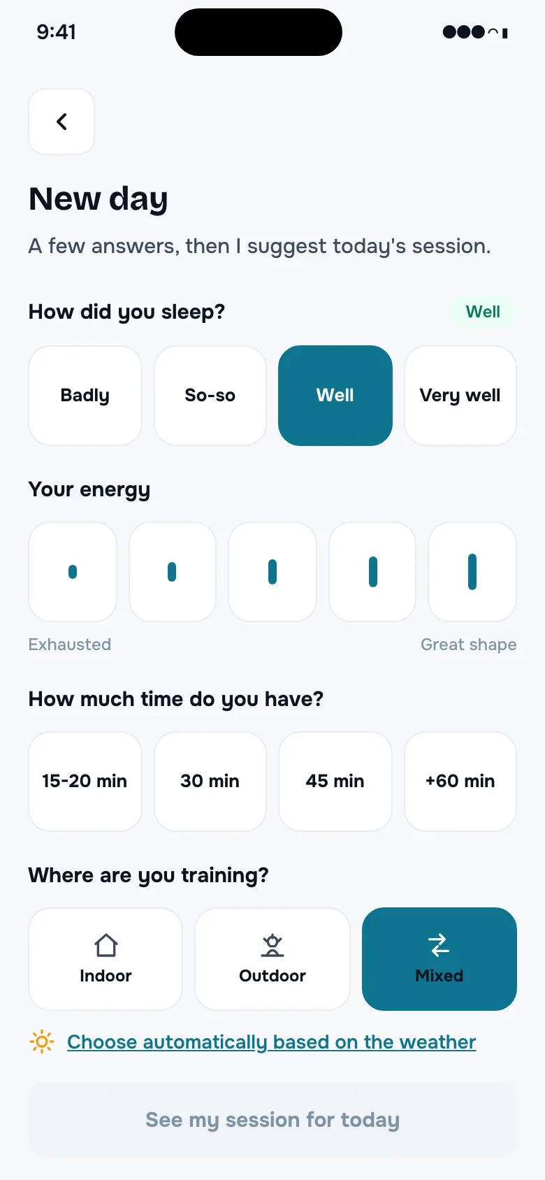 Check-in screen: sleep, energy, time, discomfort