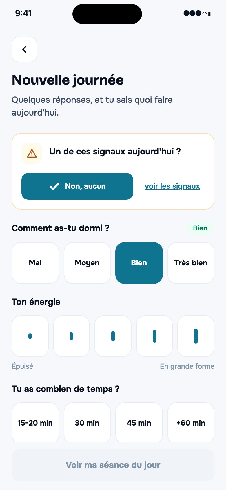 Check-in screen: sleep, energy, time, discomfort