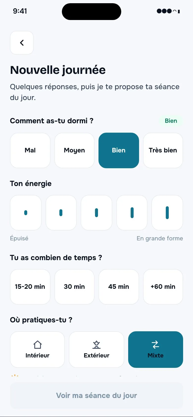 Écran de check-in : sommeil, énergie, temps, gêne