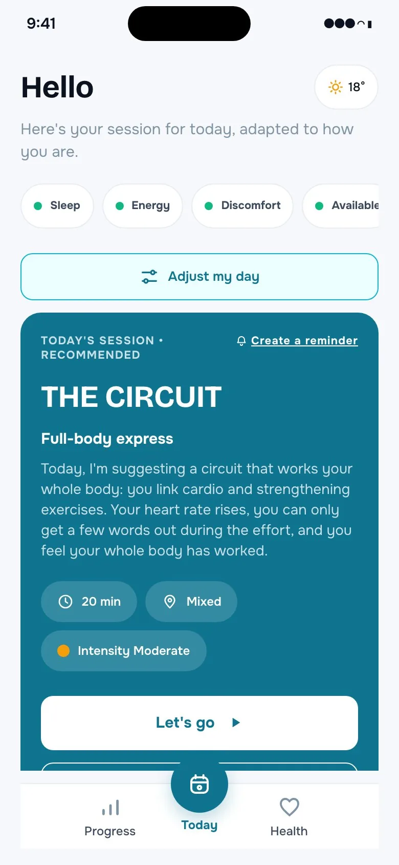 Today screen: the session for today