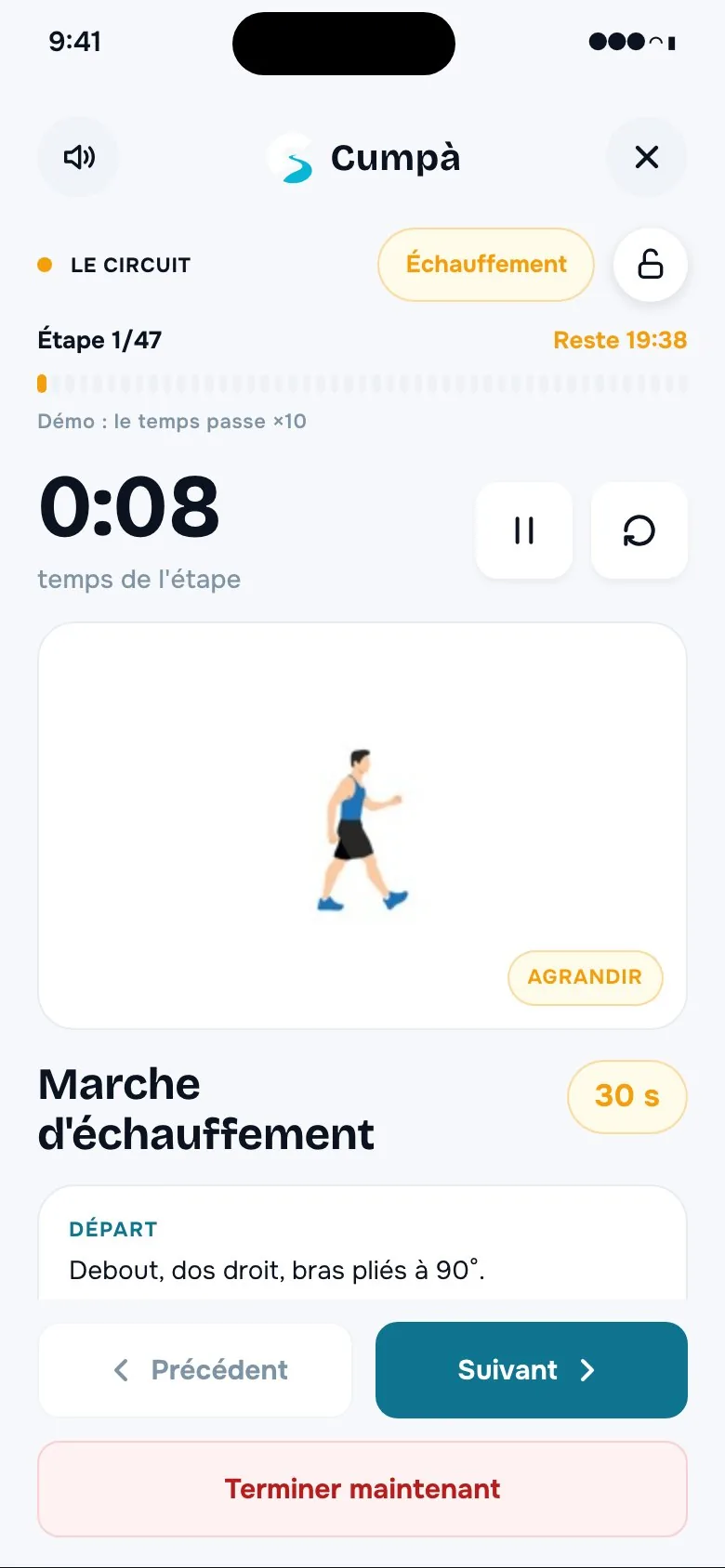 Écran de séance en cours, étape par étape