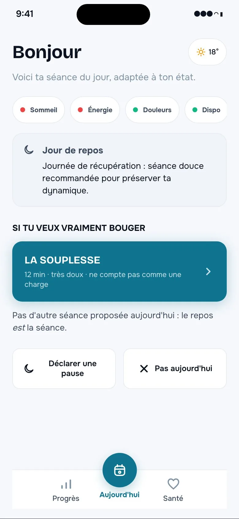 Écran proposant un jour de repos