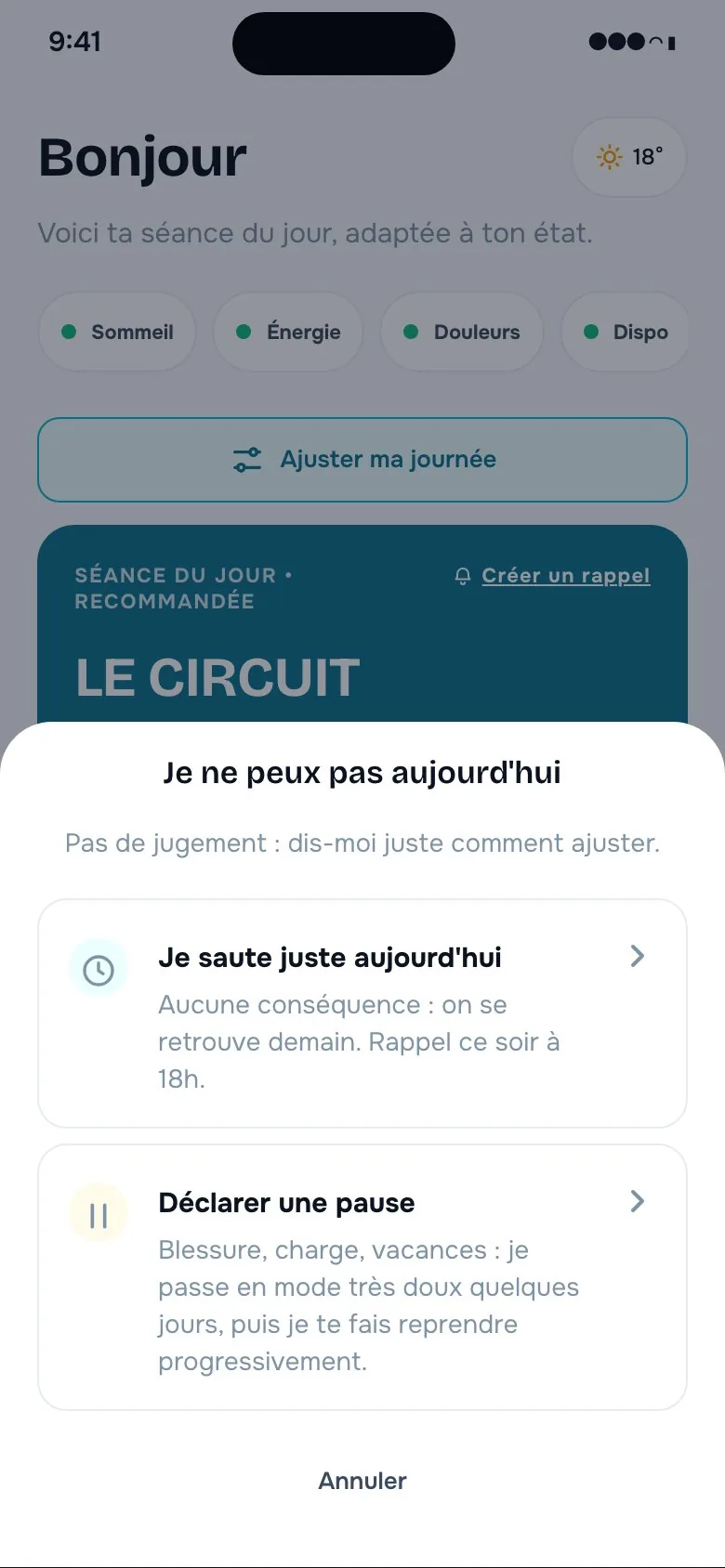 Écran Je ne peux pas aujourd'hui : sauter la journée ou faire une pause